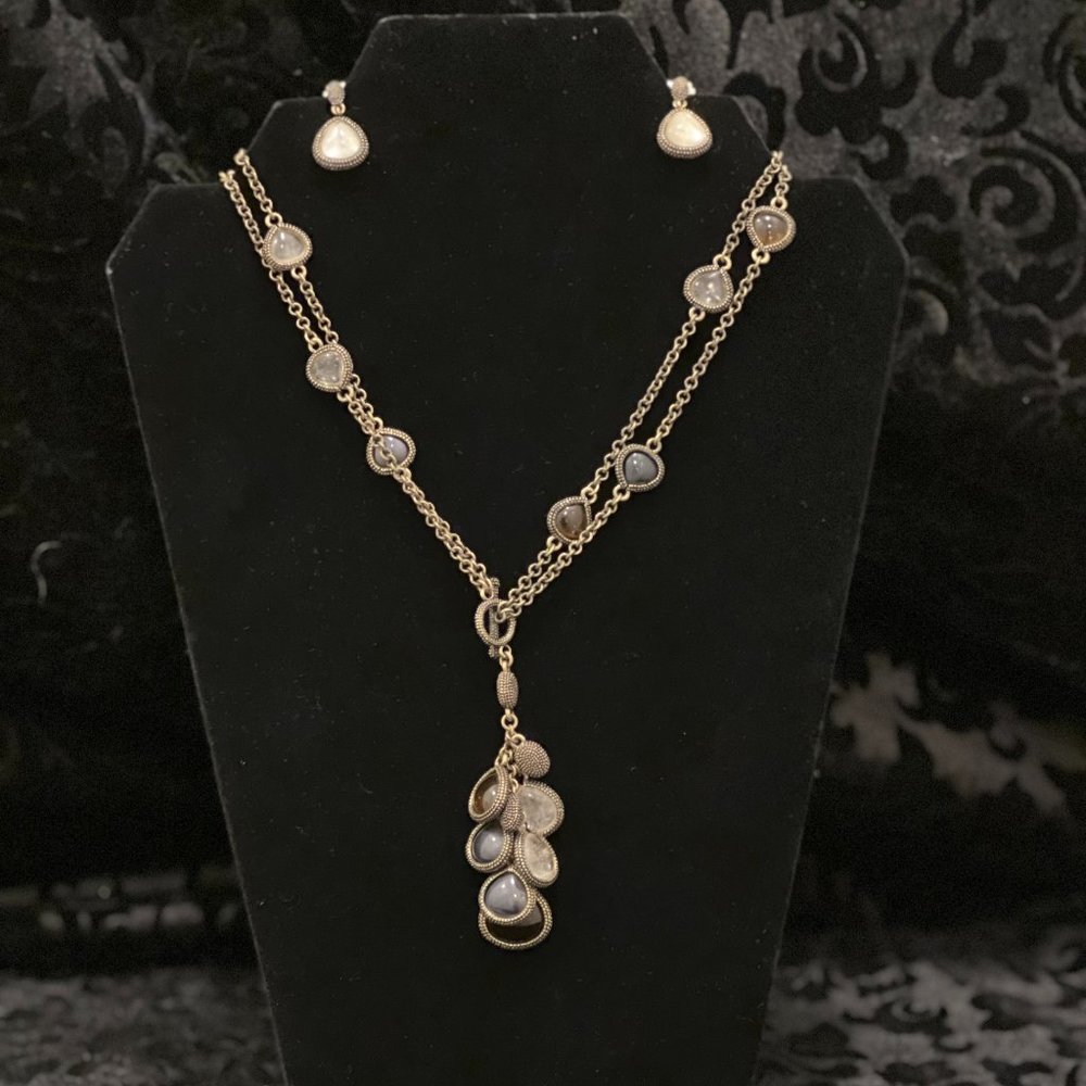 Vintage Multi-chain bronze and assorted Agate embellished Necklace w/Earrings